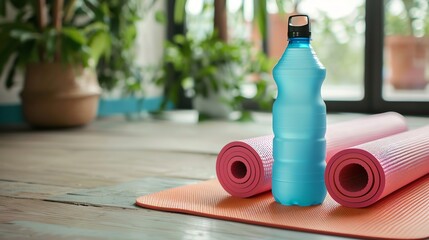 Poster - A water bottle and a rolled-up yoga mat on a wooden floor in a home setting.