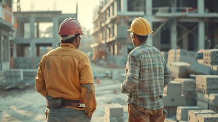 Aufkleber - Engineer and foreman worker checking project at precast factory site Engineer and builders in hardhats discussing on construction site : Generative AI