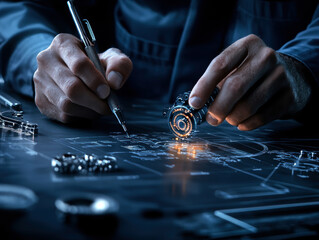 Aufkleber - A man is writing on a piece of paper with a pen. Concept of focus and concentration as the man carefully writes. The blue background adds a sense of calmness and serenity to the scene