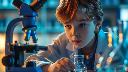 Aufkleber - Composition of boy using microscope in science class with blue blurred copy space to right education and science research concept digitally generated image : Generative AI