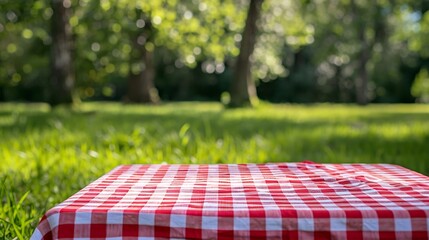 Poster - Red checkered tablecloth on grassempty space blank Food design advertisement template Picnic place Checked cloth Napking laying outdoor : Generative AI