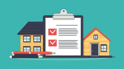 Illustration of a home inspection checklist on a clipboard, surrounded by two house models and pens, symbolizing property evaluation.