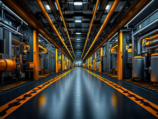 Poster - A large industrial building with yellow pipes and a yellow floor