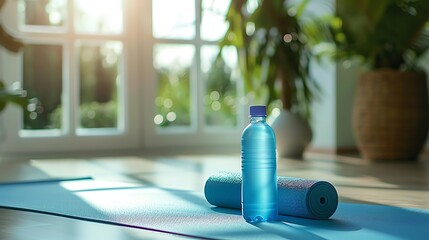 Poster - A blue yoga mat and a water bottle on a wooden floor in a sunlit room.