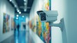 © Sippung - White rectangular CCTV camera in a modern art gallery with colorful abstract paintings displayed on walls, providing discreet indoor surveillance