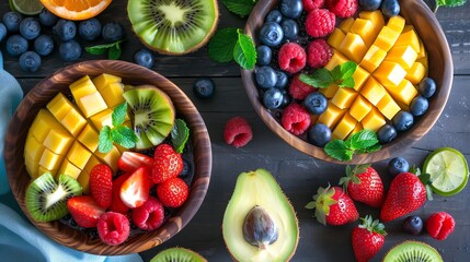 Poster - A variety of fruit, including mango, kiwi, berries, and avocado, arranged on a dark table.