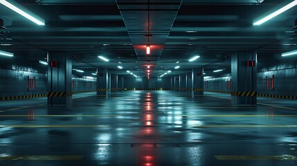 Poster - Sci fi looking dark and moody underground parking lot with fluorescent lights on  Long hall : Generative AI