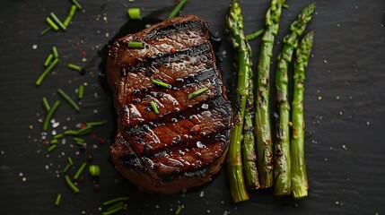 Poster - Grilled Fillet Mignon Steak with roasted asparagus Black background Top view : Generative AI