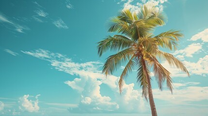 Aufkleber - Palm tree on tropical beach with blue sky and white clouds abstract background Copy space of summer vacation and business travel concept Vintage tone filter effect color style : Generative AI