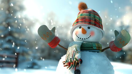 Poster - A smiling snowman wearing a plaid hat, mittens, and scarf stands in the snow on a bright, snowy day.