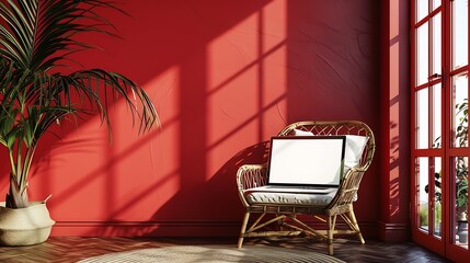 Aufkleber - Laptop computer with blank screen on comfortable rattan chair against red color wall Aesthetic template with mockup copy space Online store blog social media website branding Online sh : Generative AI