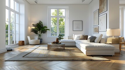 Wall Mural - Interior of modern living room with furniture and carpet with lamps decorated in spacious house with white walls and parquet floor : Generative AI