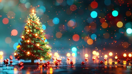 Poster - A Christmas tree with lights on, surrounded by red ornaments and bokeh lights.