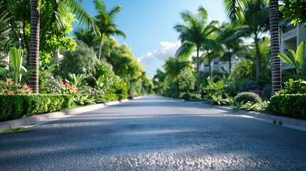 Aufkleber - Empty street at the nice and comfortable garden background with nice blue sky : Generative AI