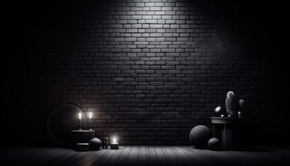 Wall Mural - room with a spotlight and black brick wall