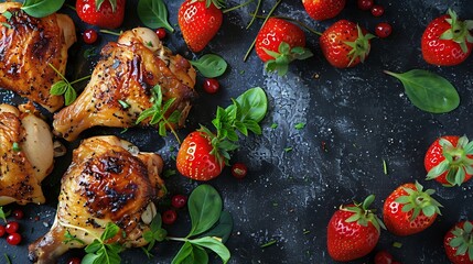 Composition with baked chicken parsnip and strawberries on grey table in professional photo studio Food photography : Generative AI