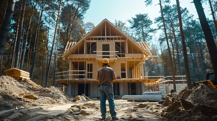Poster - Worker building wooden twostory house near the forest Man in work clothes and hard hat reviewing the construction plan The aim is to implement modern environmentallyfriendly constructi : Generative AI