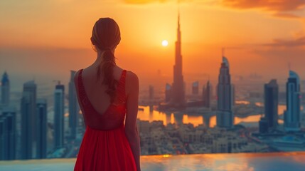 Wall Mural - A beautiful luxury woman in a red dress enjoys the sunset view behind the modern skyline of Dubai city UAE : Generative AI