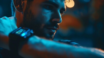 Aufkleber - Mid adult man using smart watch during training Heart monitor beats with wristwatch smart watch or future data on healthcare technology in use of smart watch for health condition : Generative AI