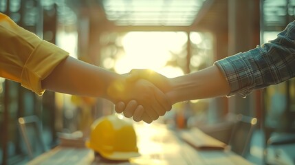 Poster - Construction team shake hands greeting start new project plan behind yellow helmet on desk in office center to consults about their building project in sun light : Generative AI