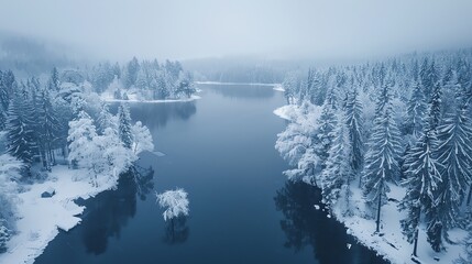 Wall Mural - An aerial view of a frozen lake in the middle of a snow-covered forest.