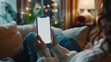Poster - Mock up white screen blank mobile phone in woman hands holding sitting on armchair at home Back view : Generative AI
