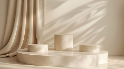 Poster - Three beige light podium for cosmetic product presentation : Generative AI