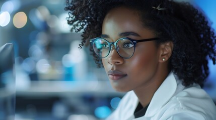 Poster - A focused african american woman scientist working on a computer in a laboratory setting : Generative AI