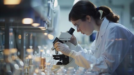 Poster - Scientist analyze biochemical samples in advanced scientific laboratory Medical professional use microscope look microbiological developmental of viral Biotechnology research in scienc : Generative AI