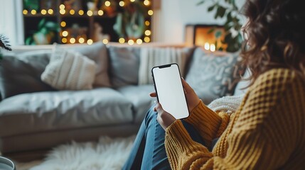 Aufkleber - Mockup image of a woman holding and using mobile phone with blank desktop white screen at home : Generative AI