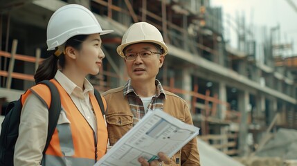 Poster - Engineer and female foreman worker team checking project at precast factory site Engineer and builders in hardhats discussing on construction site : Generative AI