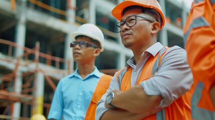 Aufkleber - A team of construction engineers talks to managers and construction workers at the construction site Quality inspection work plan home and industrial building design project : Generative AI