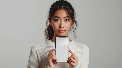 Aufkleber - beautiful Asian young woman showing big smart phone with blank screen  white screen empty copy space for advertising banner isolated on white background  Mock Up Image : Generative AI