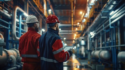 Poster - Heavyduty industrial engineers stand in a pipeline manufacturing facility using digital tablet computers for the construction of products to transport oil gas and fuel : Generative AI