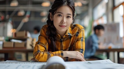 Poster - Diverse engineer team working at the office table with construction plans and architect equipment and planning construction project Focus on an asian vietnamese woman team leader holdi : Generative AI