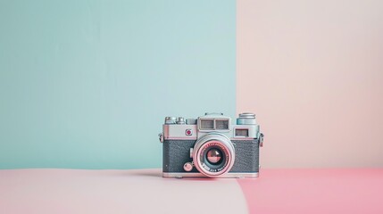 A vintage camera on a blue and pink background.