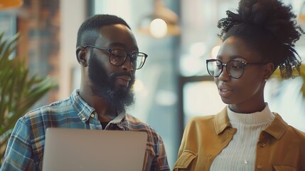 Poster - African american male and female colleague using laptop and talking standing in office copy space : Generative AI