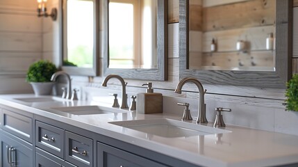 Poster - A luxurious renovated bathroom with a grey vanity rustic wood framed mirrors shiplap wall and chrome faucets and hardware : Generative AI