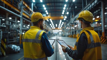 Poster - Industry 40 Modern Factory Two Engineers in Empty Warehouse Use Digital Tablet Computer with Augmented Reality Software For a Room Mapping Doing 3D Factory Floor Layout High Angle Shot : Generative AI