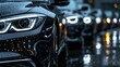 © Generative AI - Black sedan cars standing in a row Fleet of generic modern cars Transportation Luxury car fleet consisting of generic brandless design isolated in dark background after rain wet surfac : Generative AI