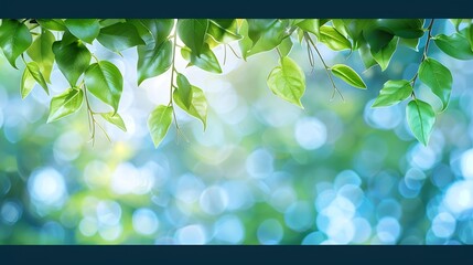 Poster - Summer background of blue and green blurred foilage and sky with bright bokeh Blurry abstract summer background Natural green leaves using as cover page greenery environment ecology ba : Generative AI