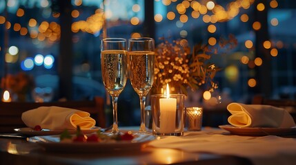 Wall Mural - Candlelight date in restaurant Champagne glasses bouquet flowers Romantic dinner setup at night Table setting for couple Valentines Day evening burning candles for surprise marriage pr : Generative AI