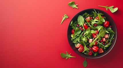 Poster - Vegetarian green salad on trendy red background with hard shadow Green bowl with vegetables and tofu in minimal style Contemporary food menu Healthy food in modern concept : Generative AI