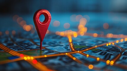 Poster - Red Pin is placed on a city map signifying a destination or point of interest.