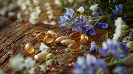 Different pills herbs and flowers on wooden table closeup Dietary supplements : Generative AI