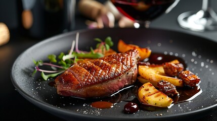 Roasted duck breast fillet on caramelized apples the dish lies on a black plate on a black background glass of red wine : Generative AI