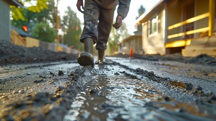 Poster - Man working on smoothing concrete driveway for the new home build at construction site Architecture and exterior structure base progress safety foundation pavement ground Real estate i : Generative AI