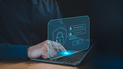 Poster - Male user use a laptop computer type the username and password. User privacy security and protect personal data internet network. Cyber ​​security and digital data protection technology concept.