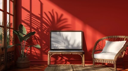 Aufkleber - Laptop computer with blank screen on comfortable rattan chair against red color wall Aesthetic template with mockup copy space Online store blog social media website branding Online sh : Generative AI