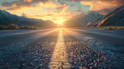 Wall Mural - Straight asphalt road and mountain natural background at sunset : Generative AI